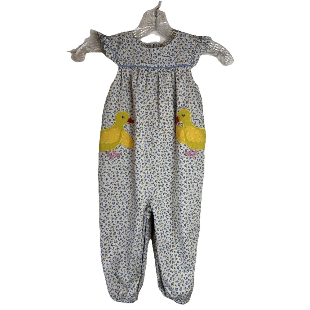 MINI BABY BODEN PALE BLUE TINY ROSE CHICKS APPLIQUÉ RUFFLE ROMPER SIZE 2-3Y